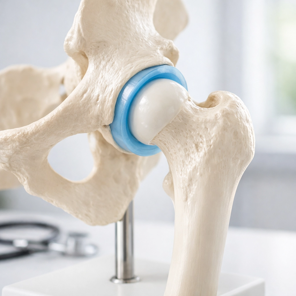 Anatomical model of hip joint showing the labrum cartilage ring that stabilizes the socket
