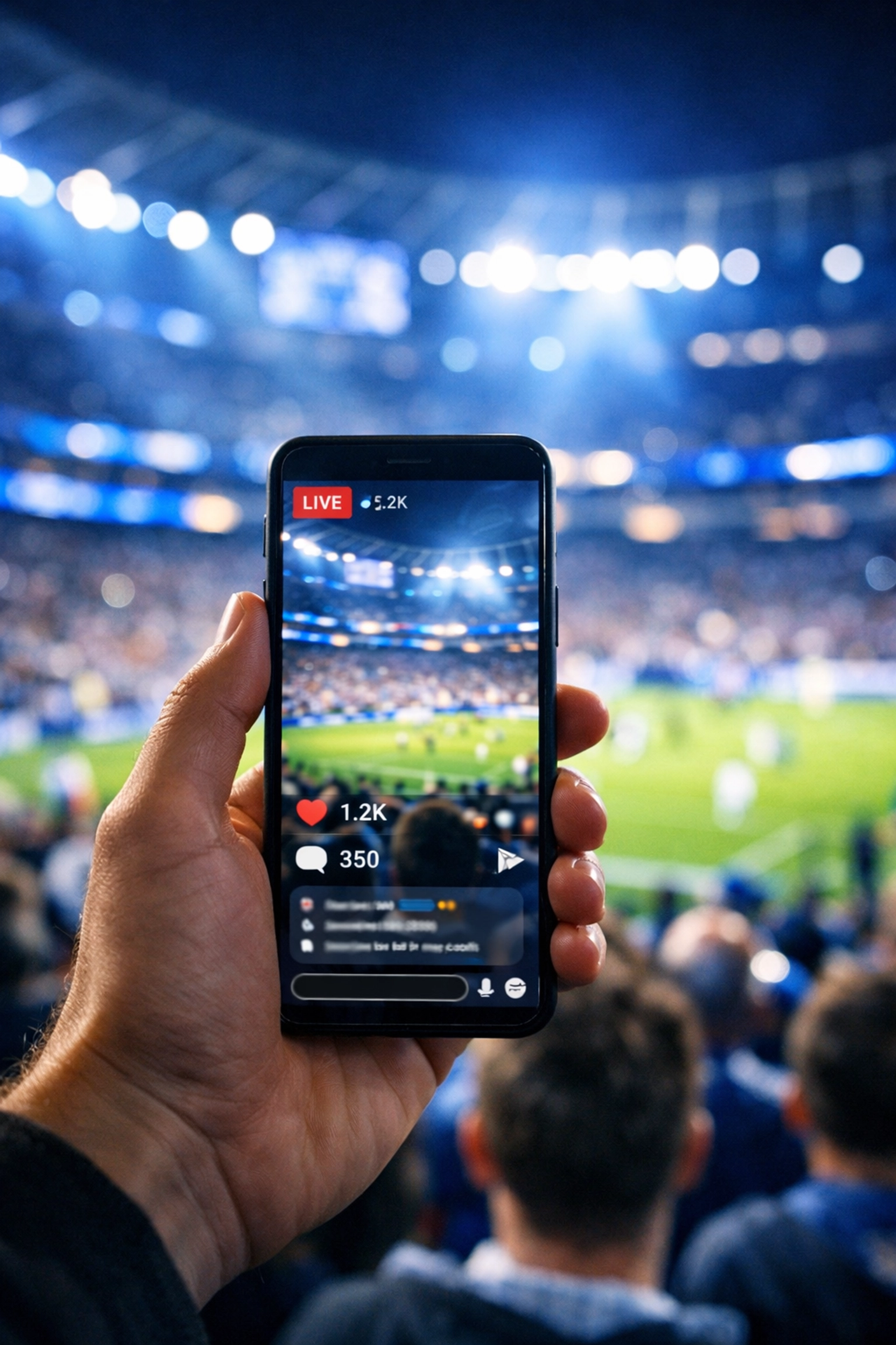 A fan using a smartphone for live second-screen engagement during a high-energy stadium event.