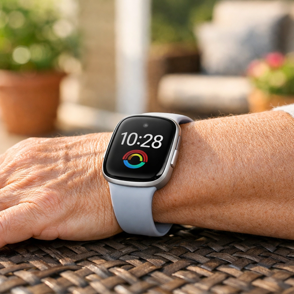 A senior wearing a modern smartwatch with fall detection technology for safety and peace of mind.