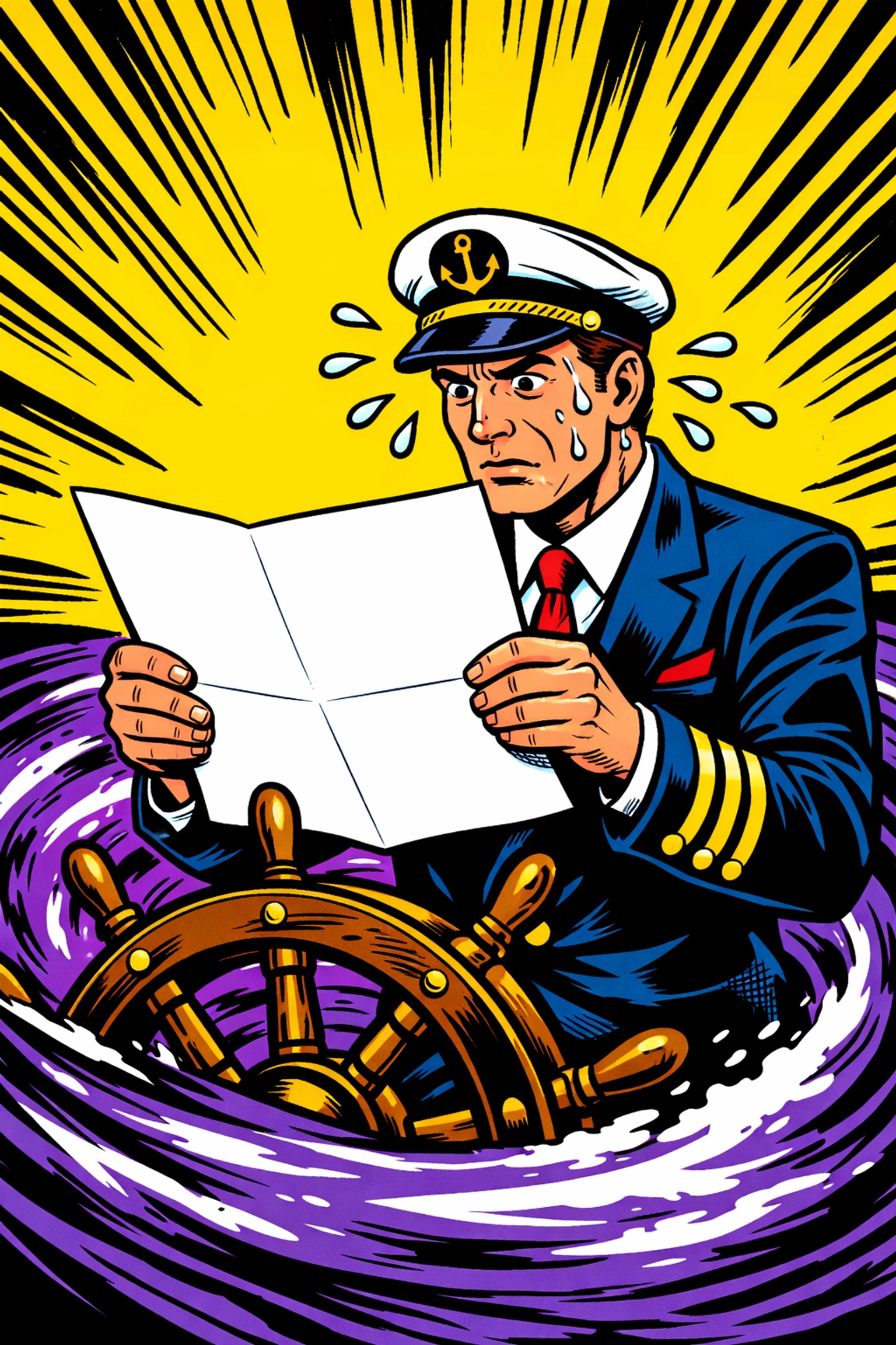 Comic illustration of a captain lost in a vortex, symbolizing a lack of strategy in AI business automation.