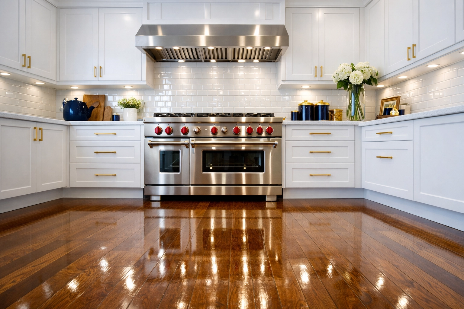 A sparkling clean Massachusetts kitchen with white quartz countertops following a professional deep cleaning MA.