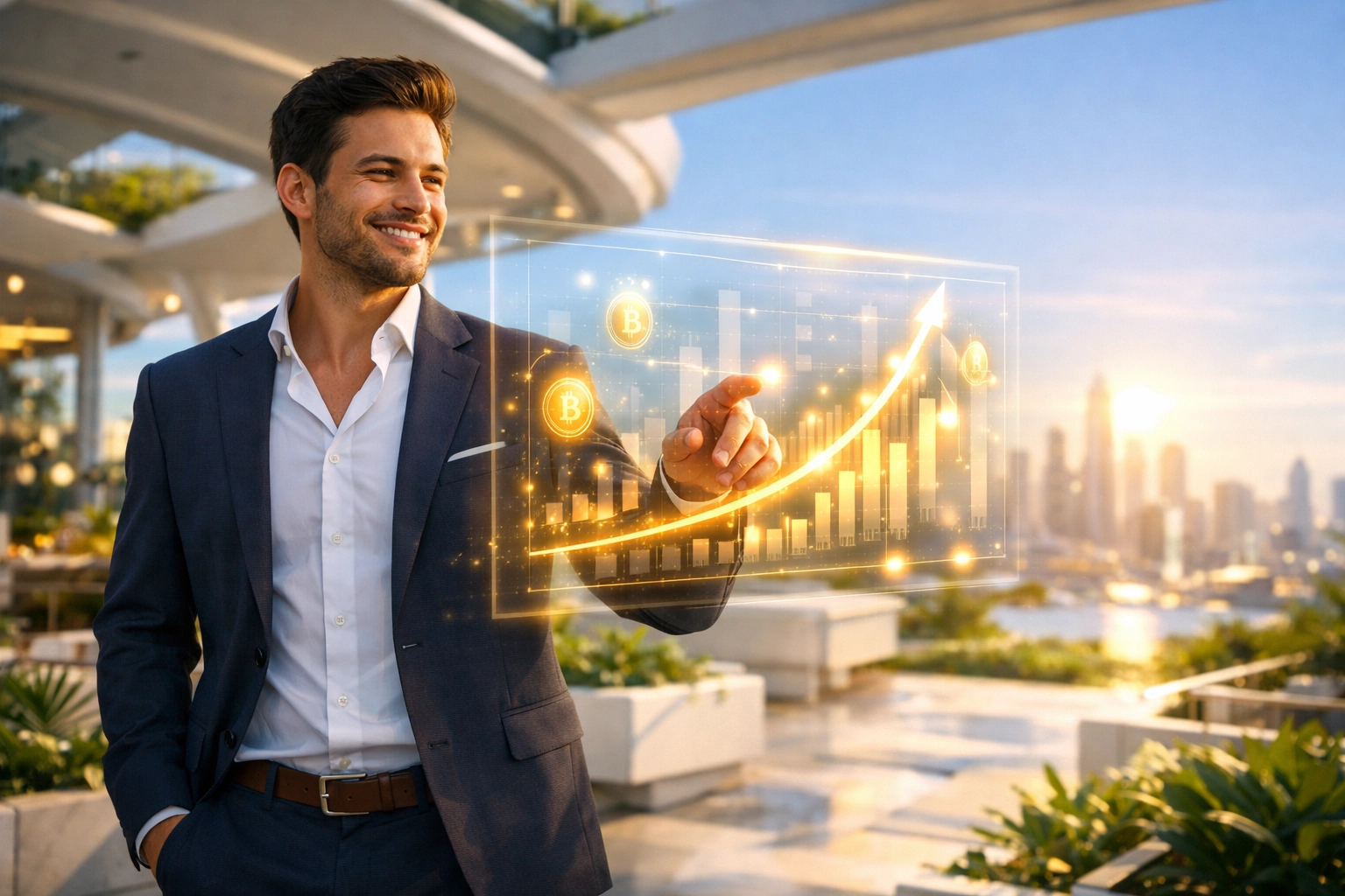 Entrepreneur managing self-custody merchant accounts and Web3 global payments in a futuristic market.