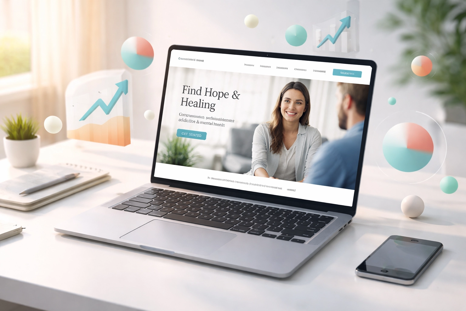 Treatment center website displayed on a laptop showing high-quality facility images and sales metrics