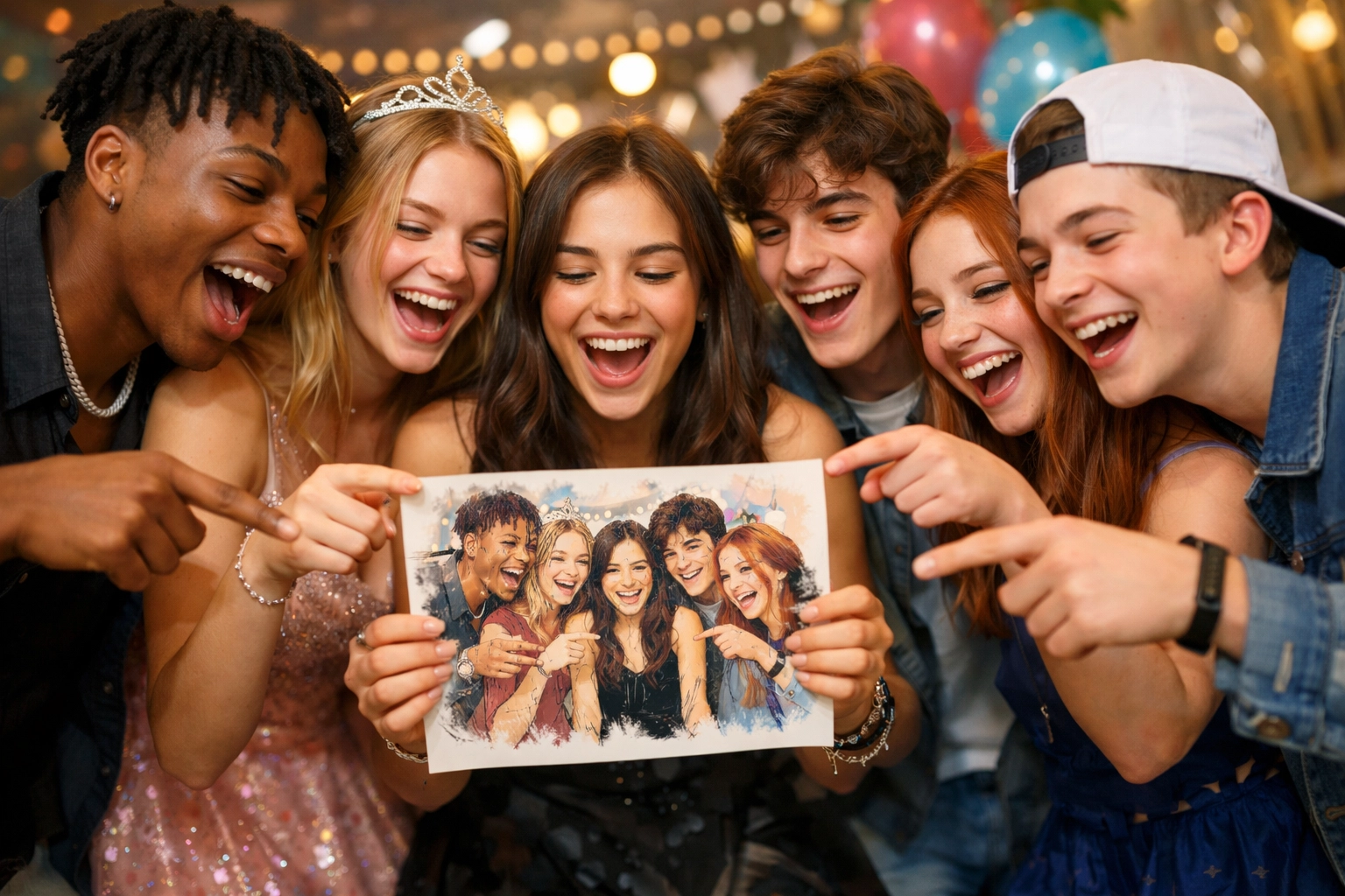 Excited guests showing off their personalized artistic portraits from an AI SketchBot rental.