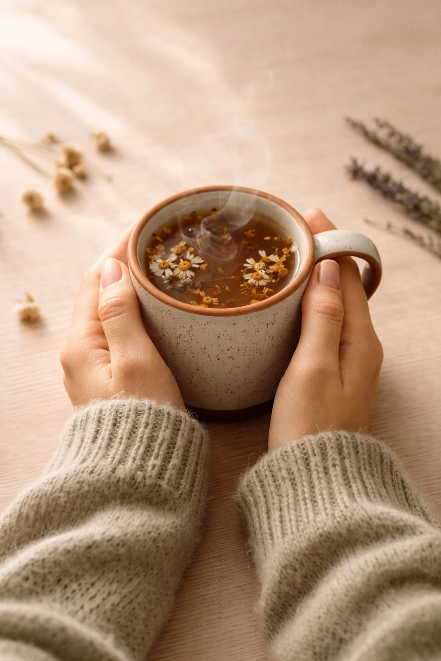 Woman's hands holding a warm mug of herbal tea with chamomile and lavender, highlighting calming tea blend rituals