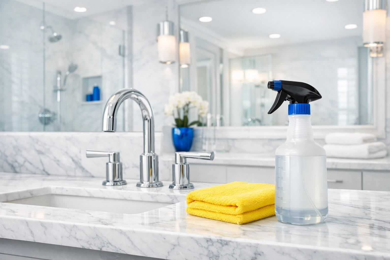 Sanitized marble bathroom vanity with cleaning tools from a professional deep cleaning in Marlborough.