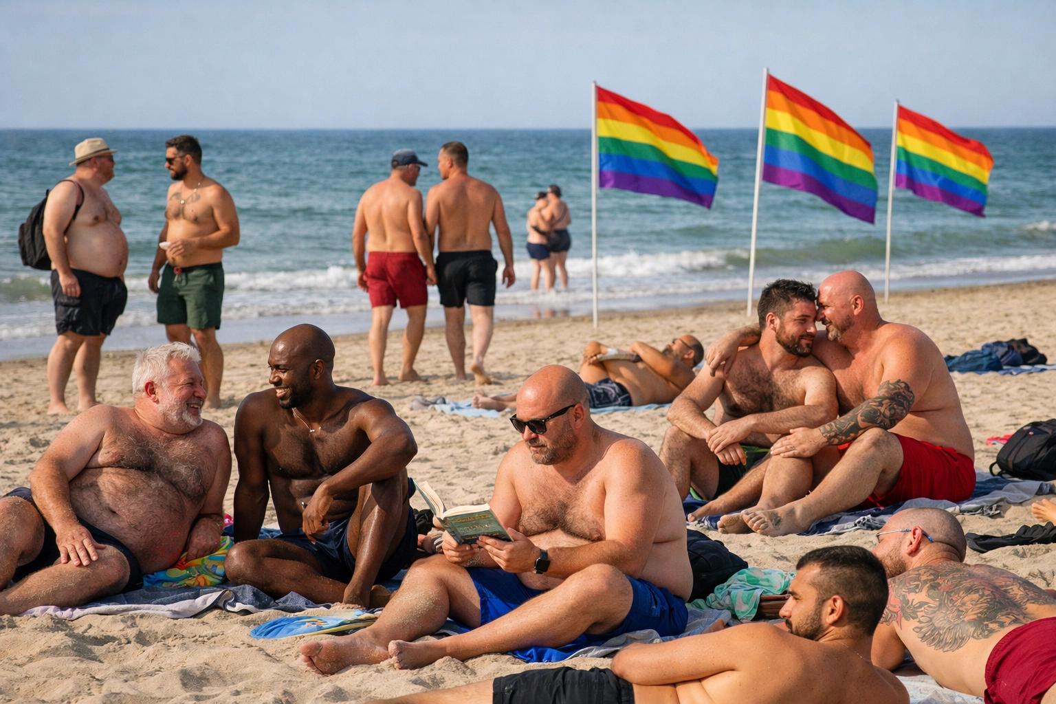 Diverse gay community enjoying body-positive freedom at Rooster Beach nudist haven