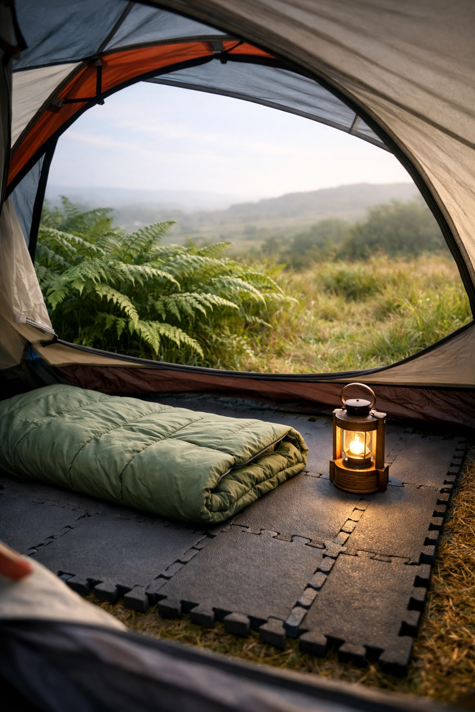 Interlocking foam floor tiles inside a wild camping tent for insulation and comfort in the UK.