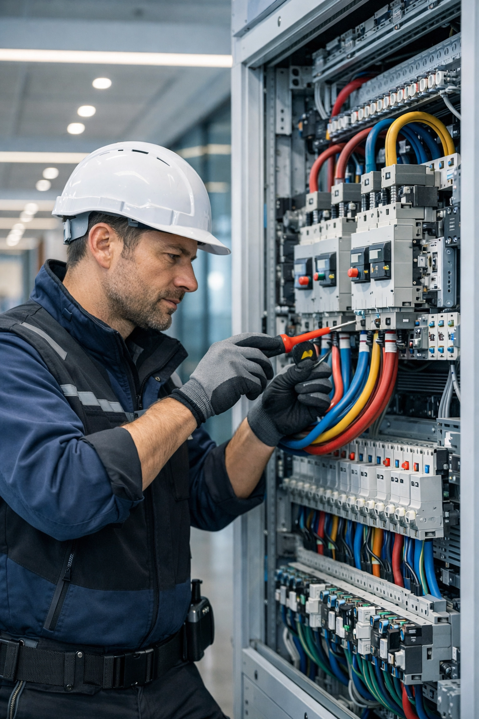 Skilled Dorset electrician performing commercial electrical services on a three-phase distribution board.