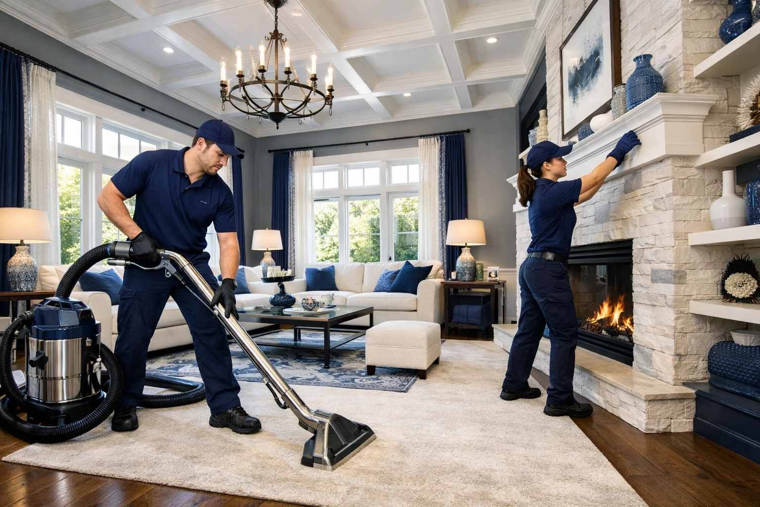Trained staff from Professional Cleaners Everett MA performing a detailed deep clean in a luxury home.