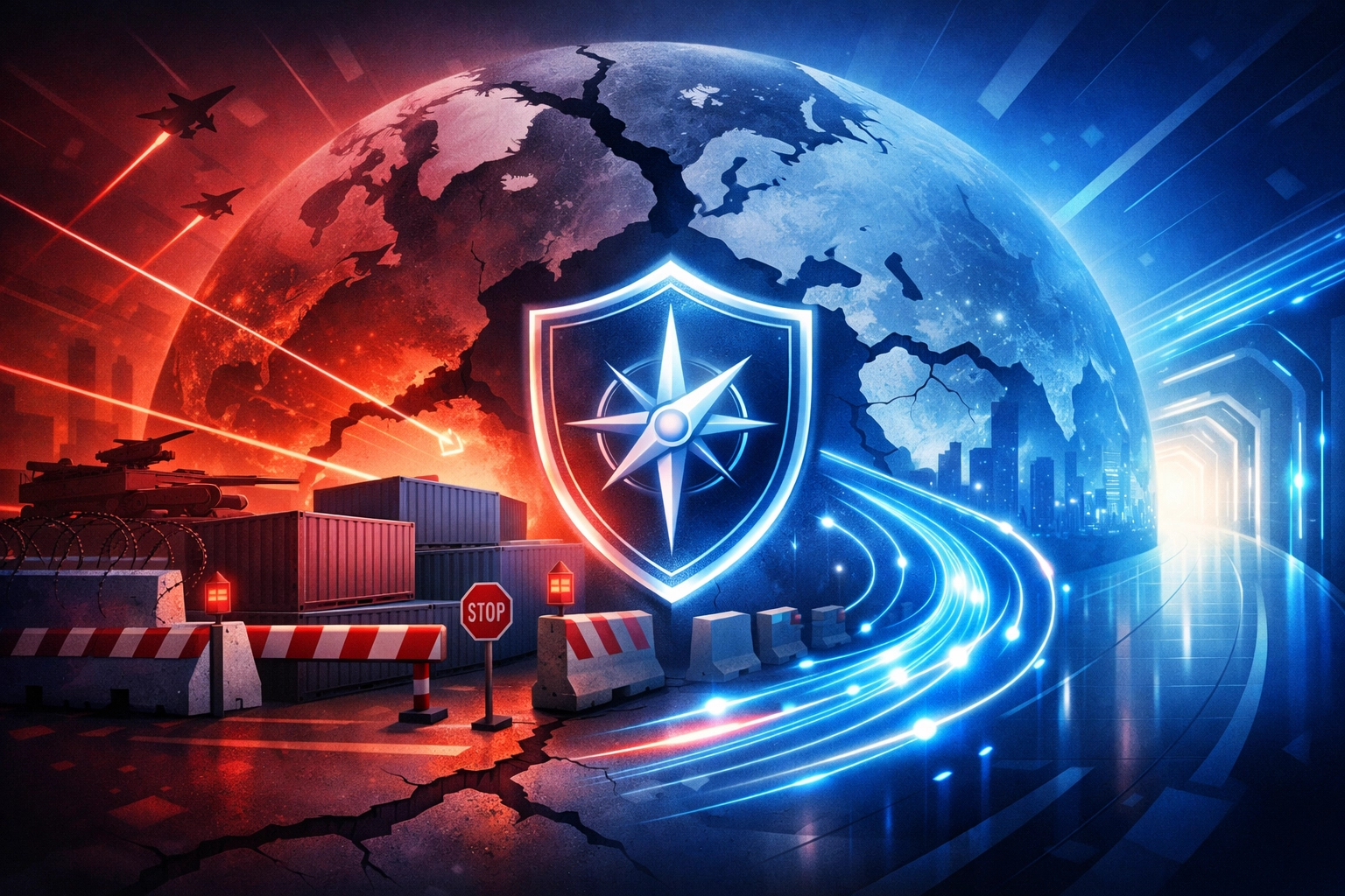 A divided globe with trade barriers and geopolitical tension—while a secure, glowing data corridor shows how SEO keeps businesses discoverable through disruption.