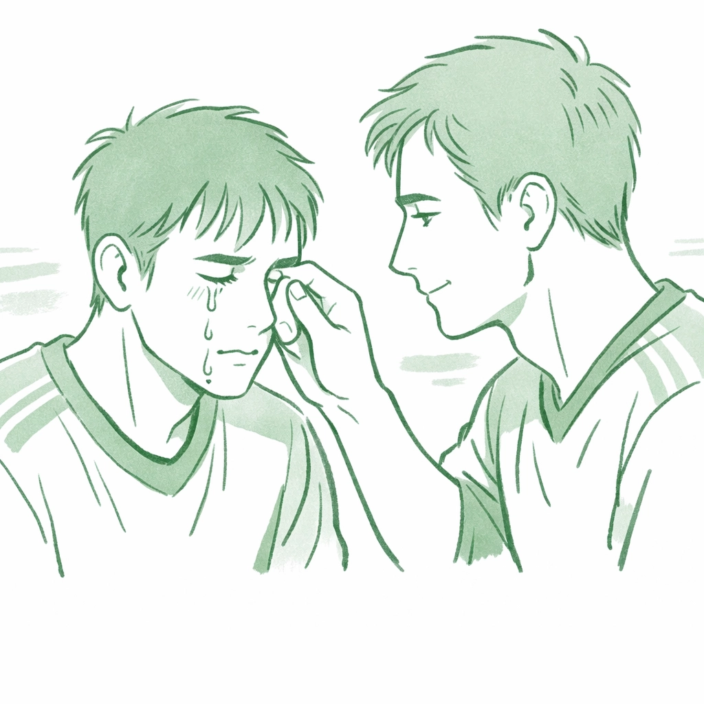 Male athlete showing emotional vulnerability with partner after game in MM sports romance