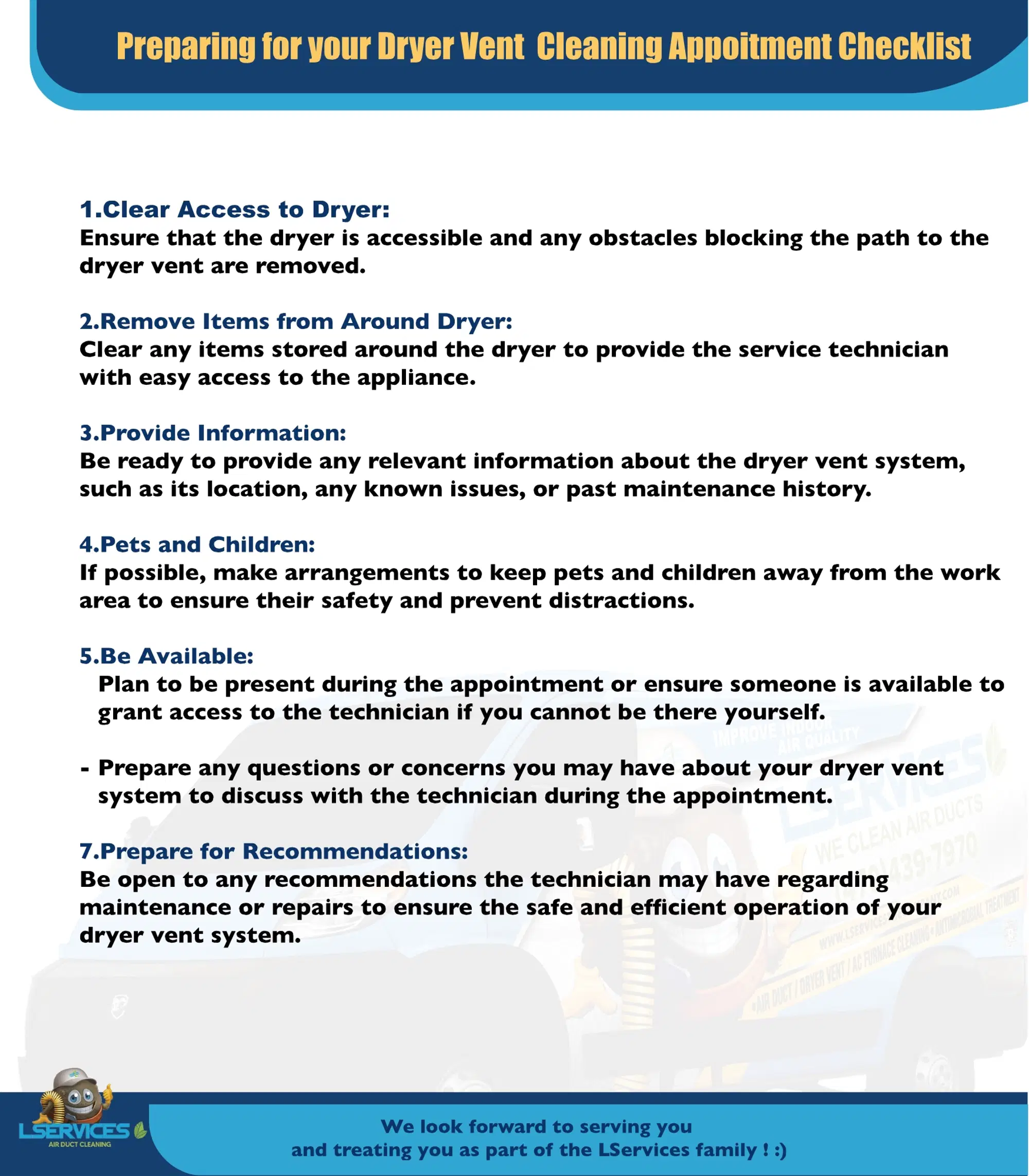 Dryer vent cleaning prep checklist