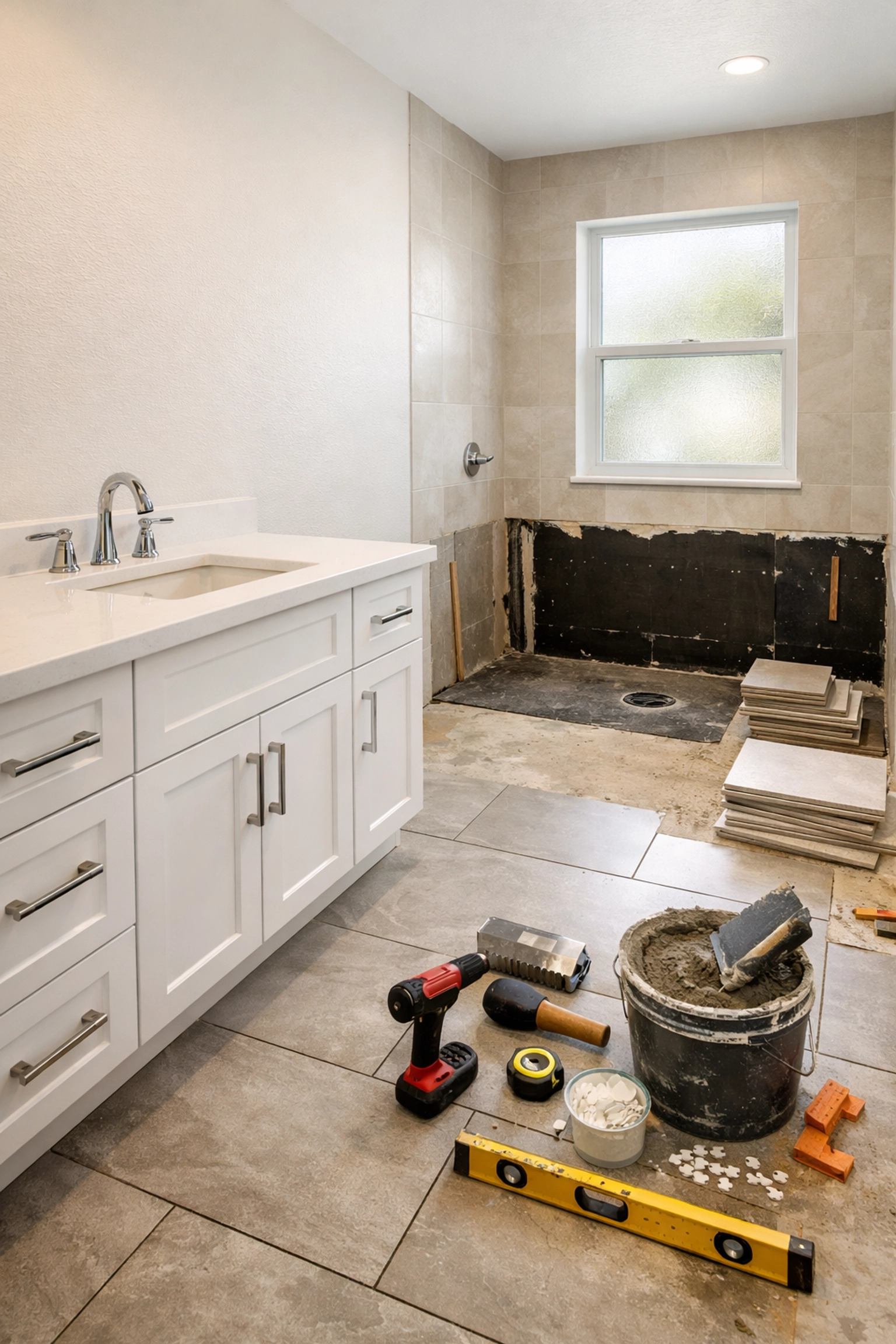 Bathroom remodeling Orlando project in progress showing new tile flooring and modern fixtures