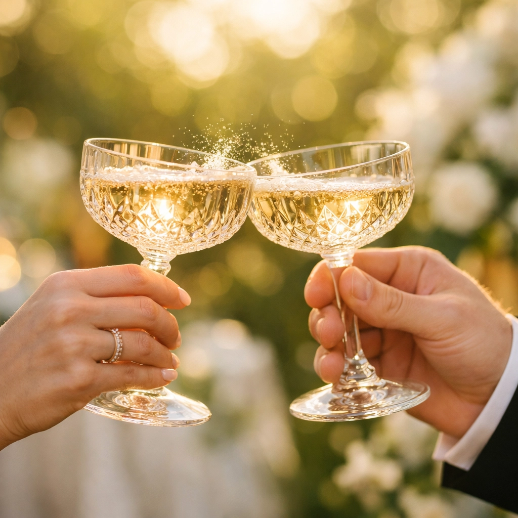 Elegant champagne toast at a garden wedding celebration funded through online guest contributions.