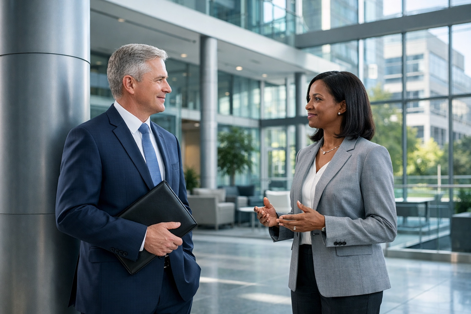Business professionals in a North Carolina office atrium discussing buyer credibility and transition.