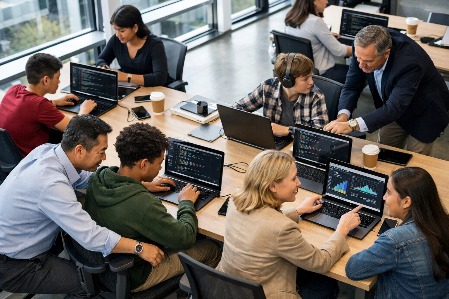 High school students and professionals collaborating on tech projects in modern office workspace