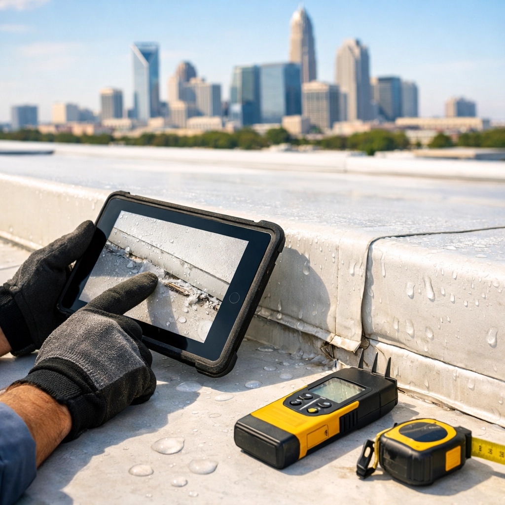 Professional roofing inspector examining commercial flat roof membrane during maintenance inspection