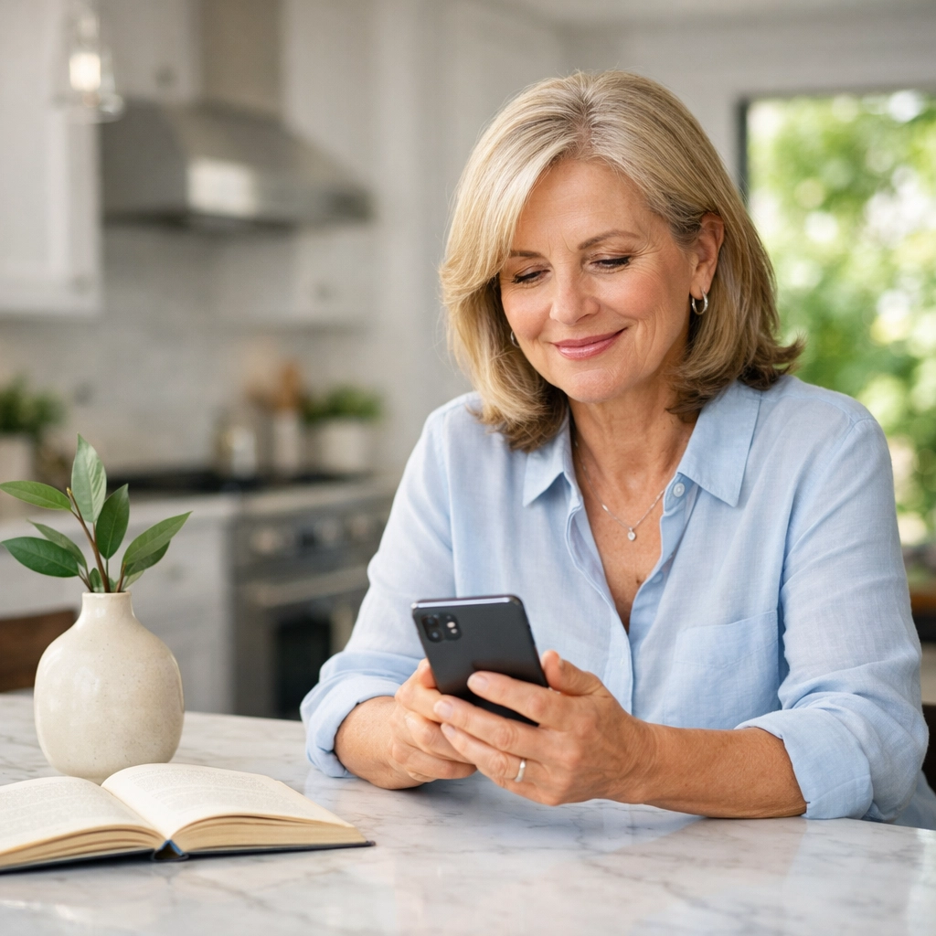 Woman confidently checking her guaranteed retirement income and uncapped gains on a mobile device.