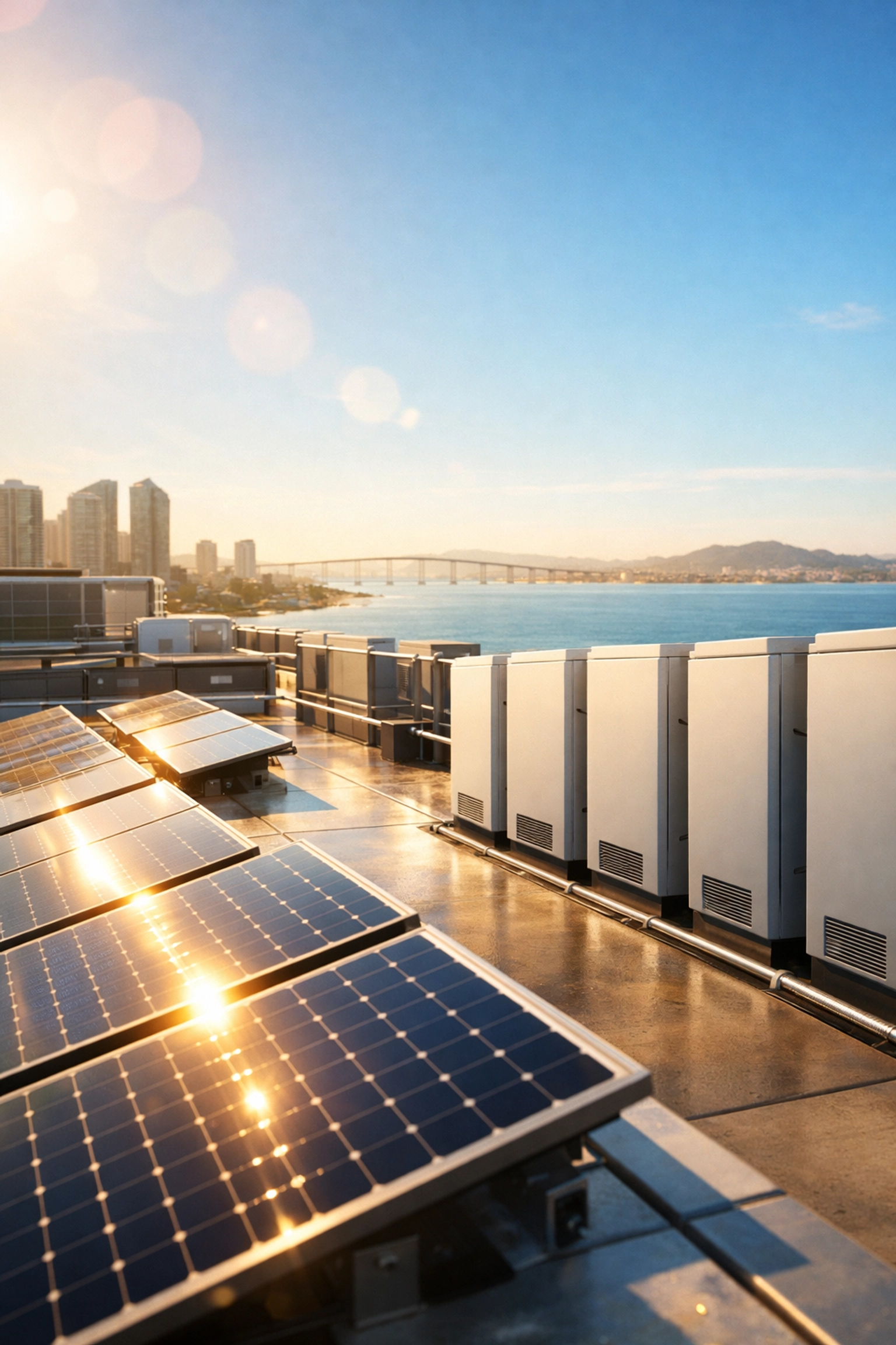 Solar panels and battery storage on a San Diego industrial roof to mitigate energy underwriting risk.