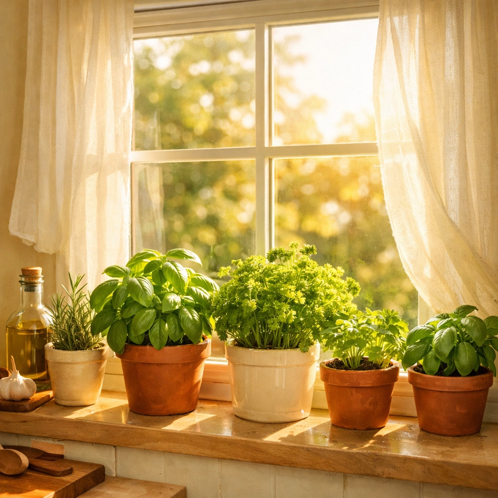 Sunny south-facing windowsill with thriving basil and parsley in terracotta pots