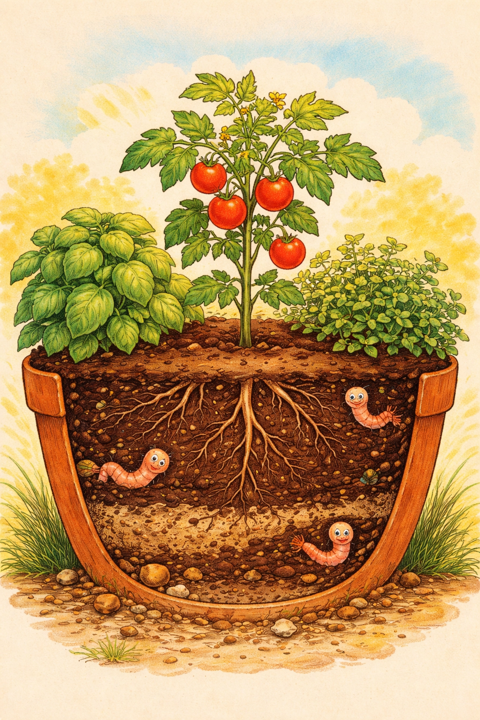 Cutaway view of a pizza garden pot showing tomato roots, basil, oregano, and playful earthworms in lively soil