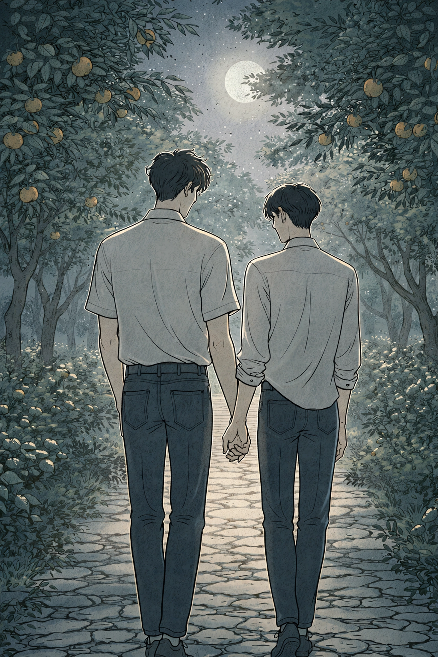 Male couple walks hand in hand at night through a moonlit orange grove, evoking the magic of first love in Spain.