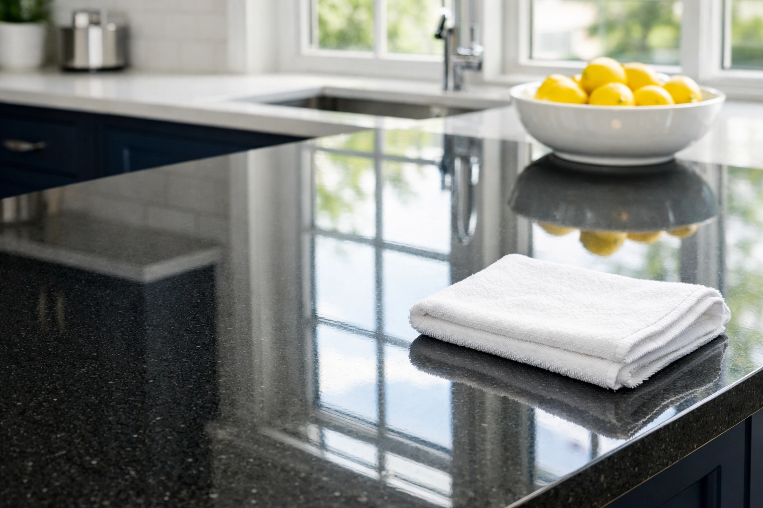 Streak-free quartz kitchen island in Westborough showing professional house cleaning results.