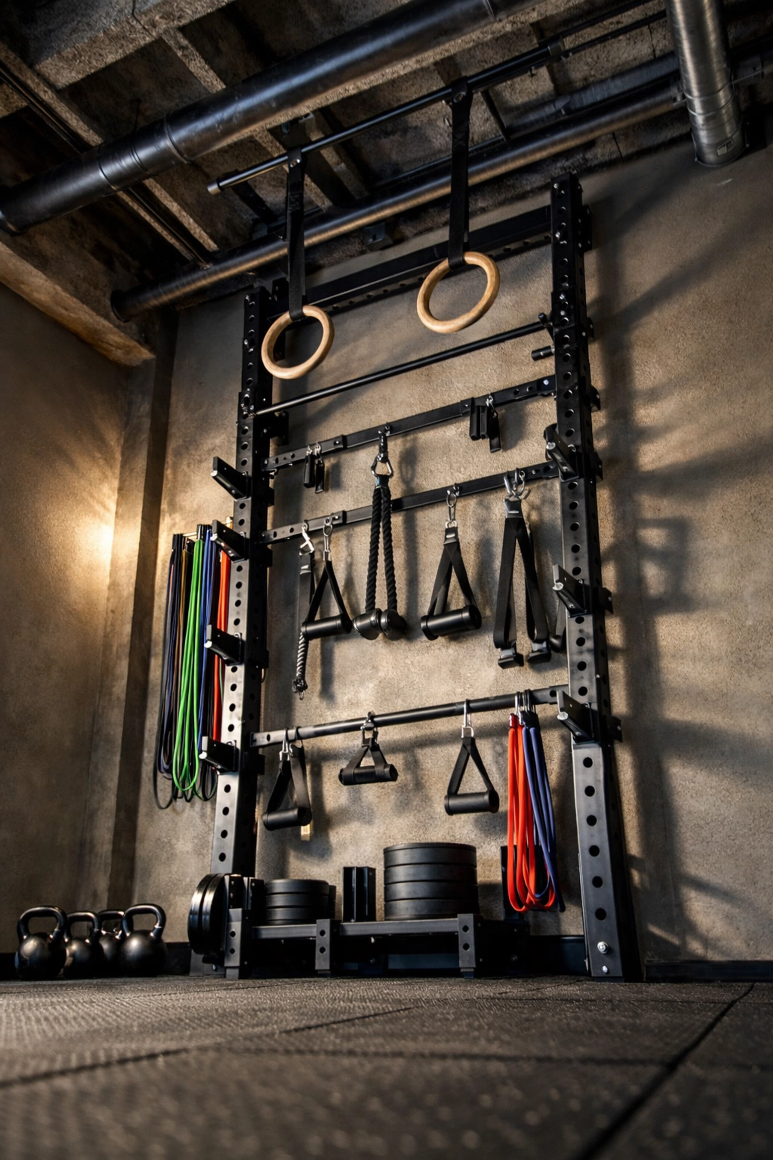 Floor-to-ceiling home gym with pull-up bar, resistance bands, and gymnastic rings maximizing vertical space