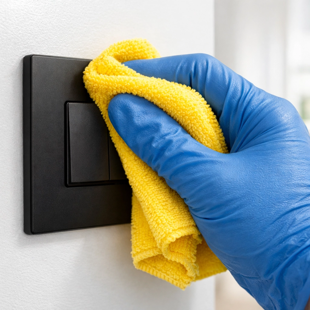 Professional House Cleaning in Millbury, MA sanitizing high-touch light switches for a healthy home.