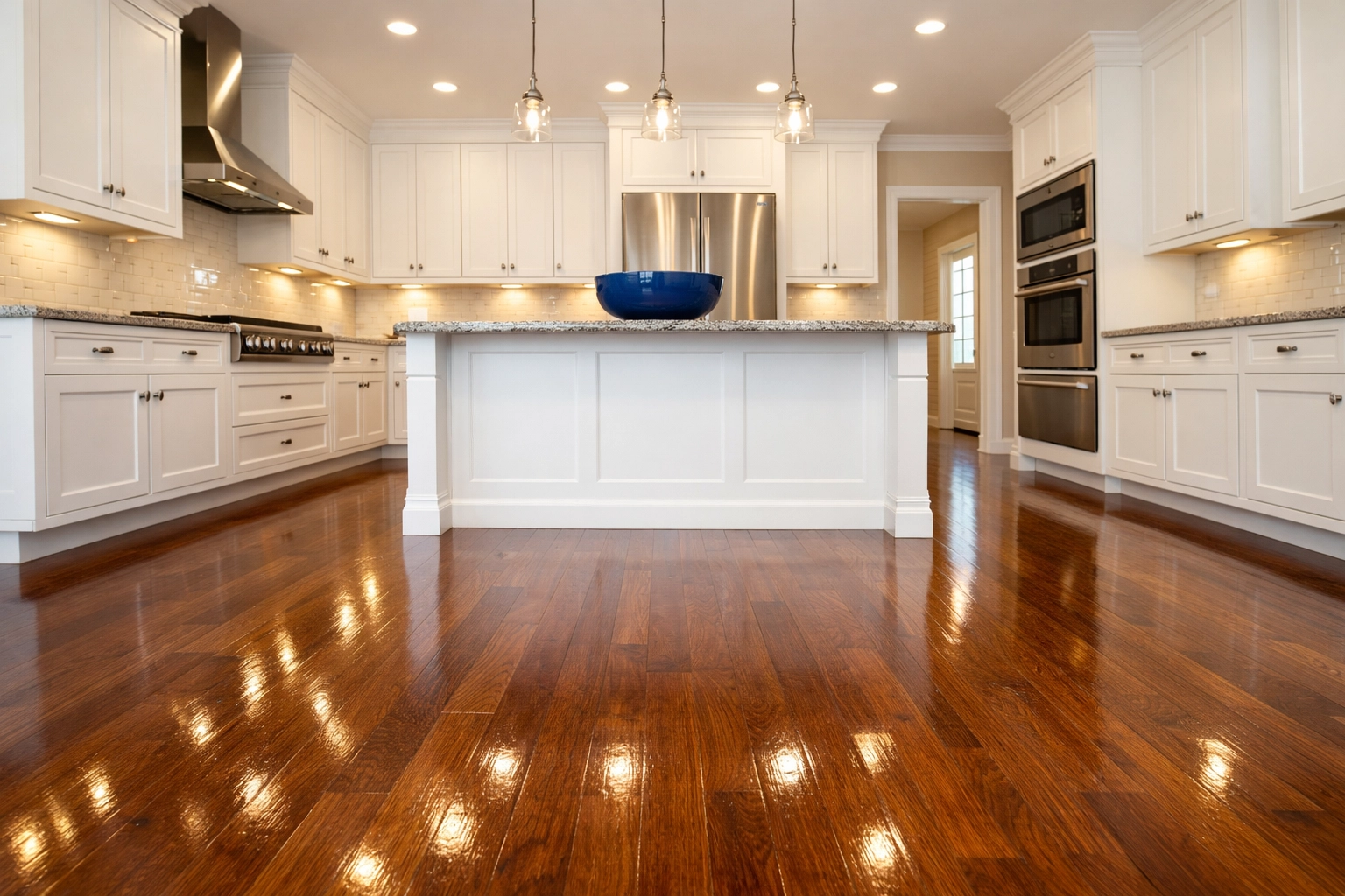Gleaming kitchen with polished floors ready for a move-in after residential cleaning in Harvard.
