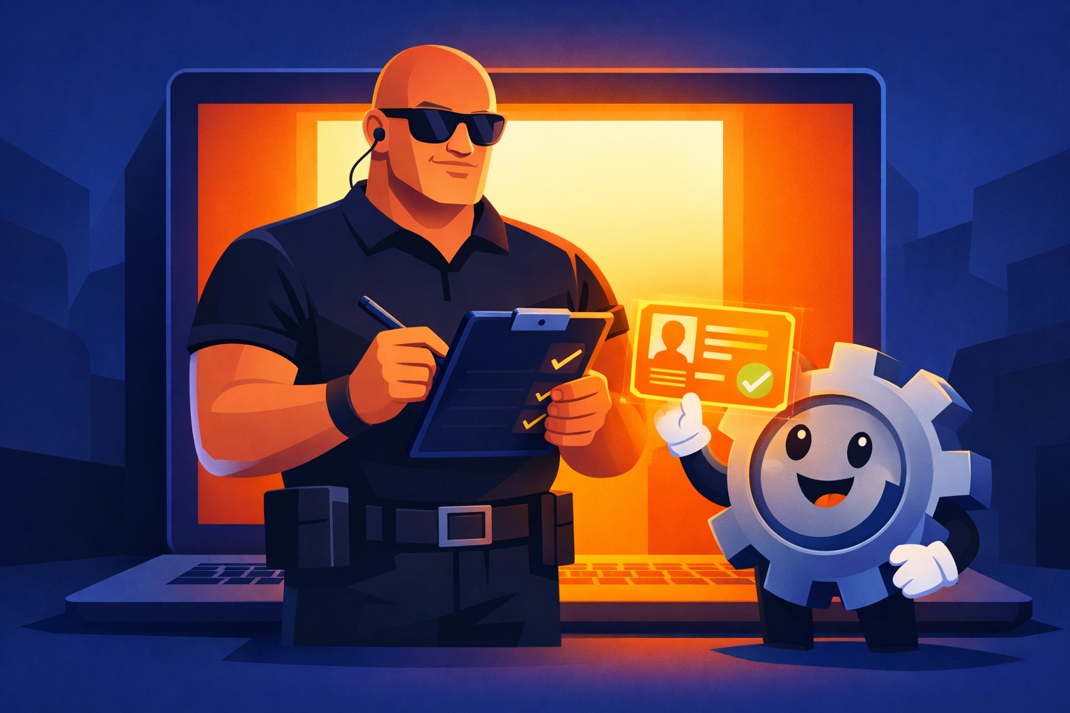 Illustration of a digital bouncer verifying security certificates on a laptop to explain Secure Boot protection.