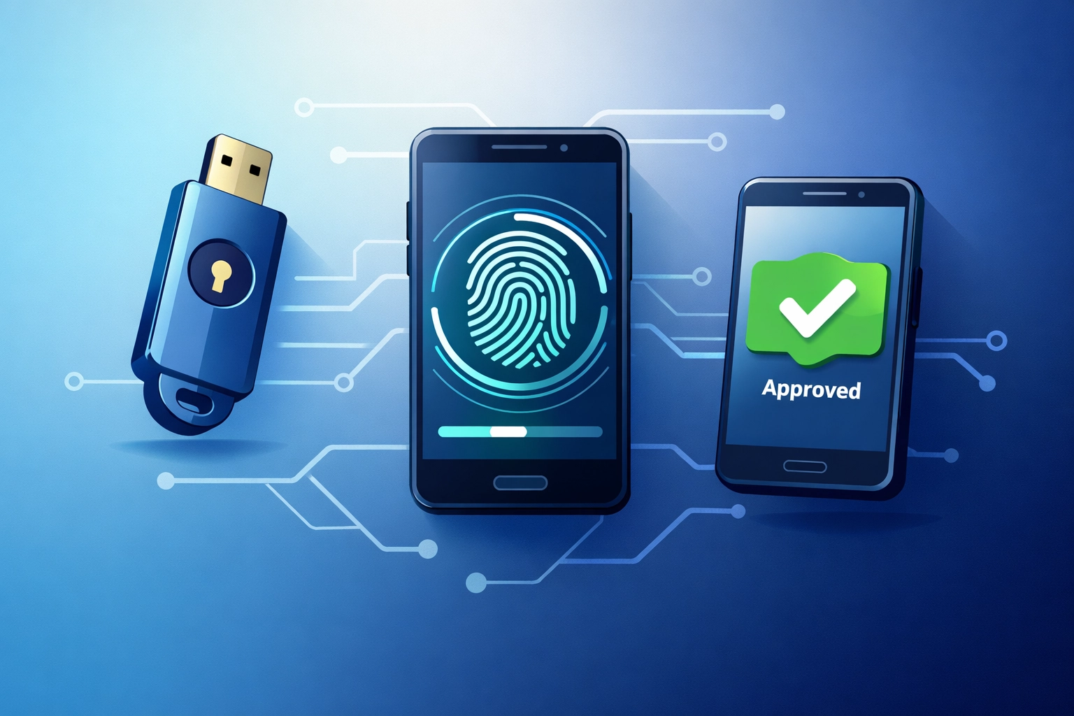 Three phishing-resistant authentication methods: security key, biometric scan, and push notification