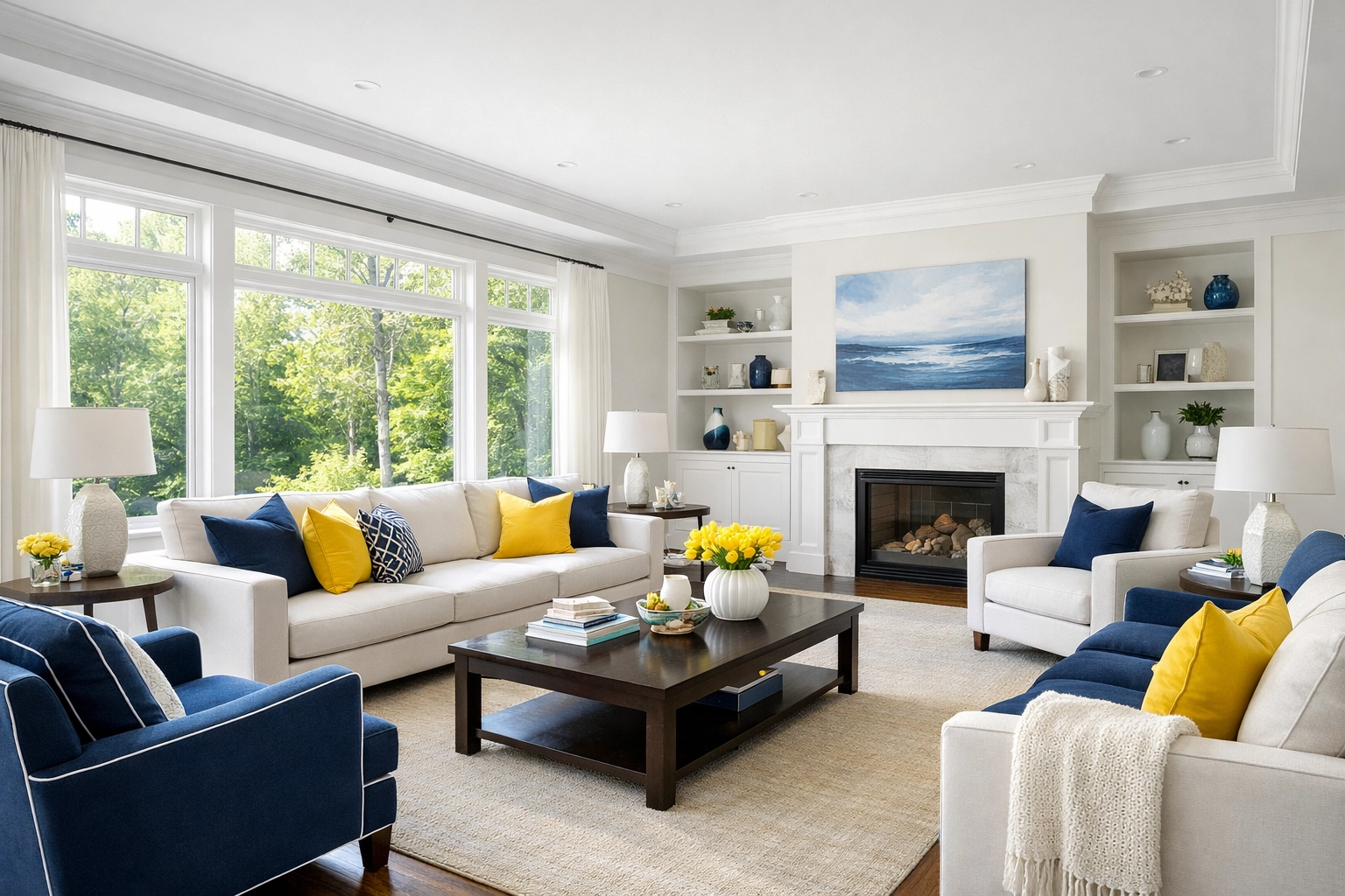 A clutter-free living room in a Natick home promoting mental clarity through weekly house cleaning.
