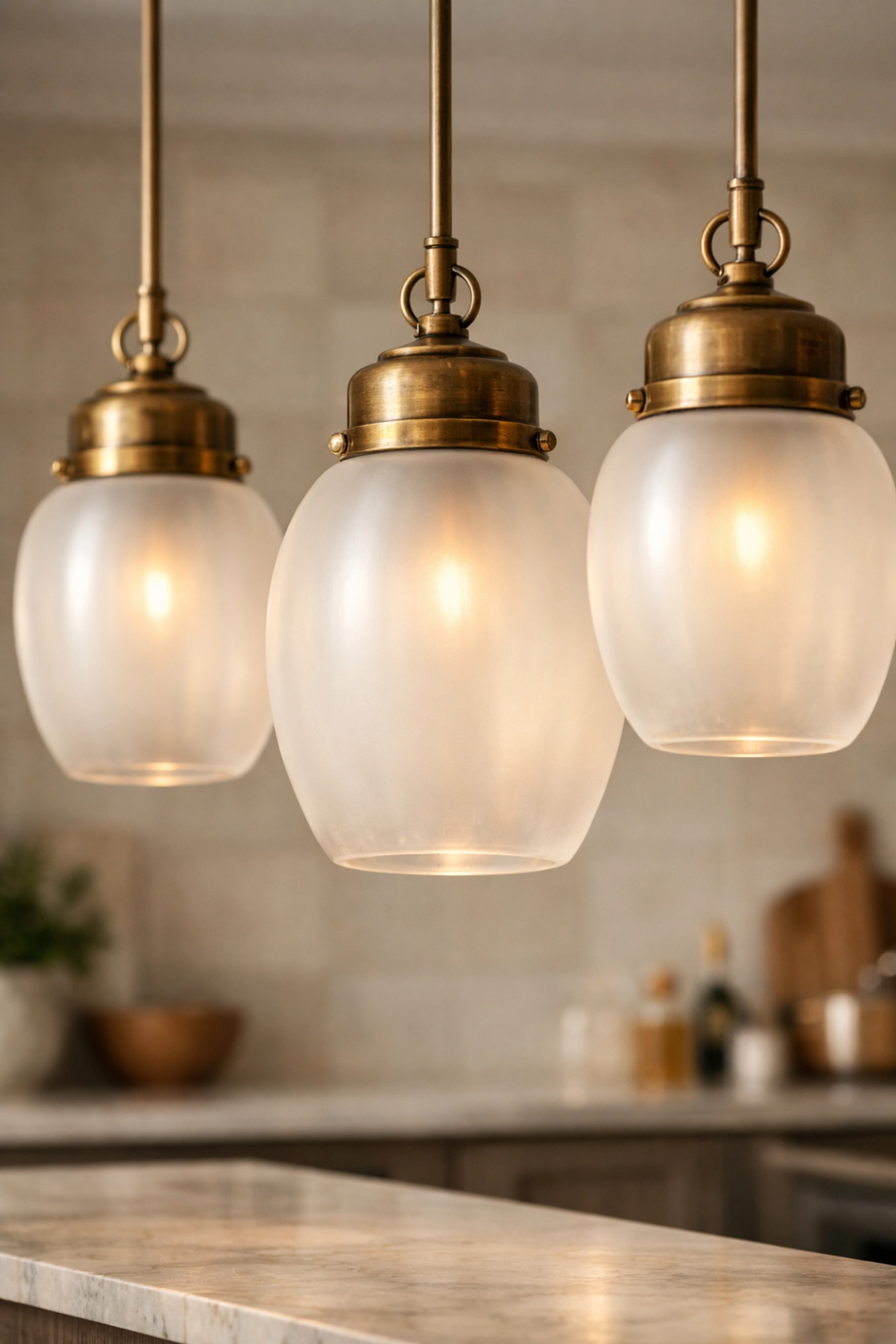 Contemporary kitchen island lighting with frosted glass pendants and brass fixtures.