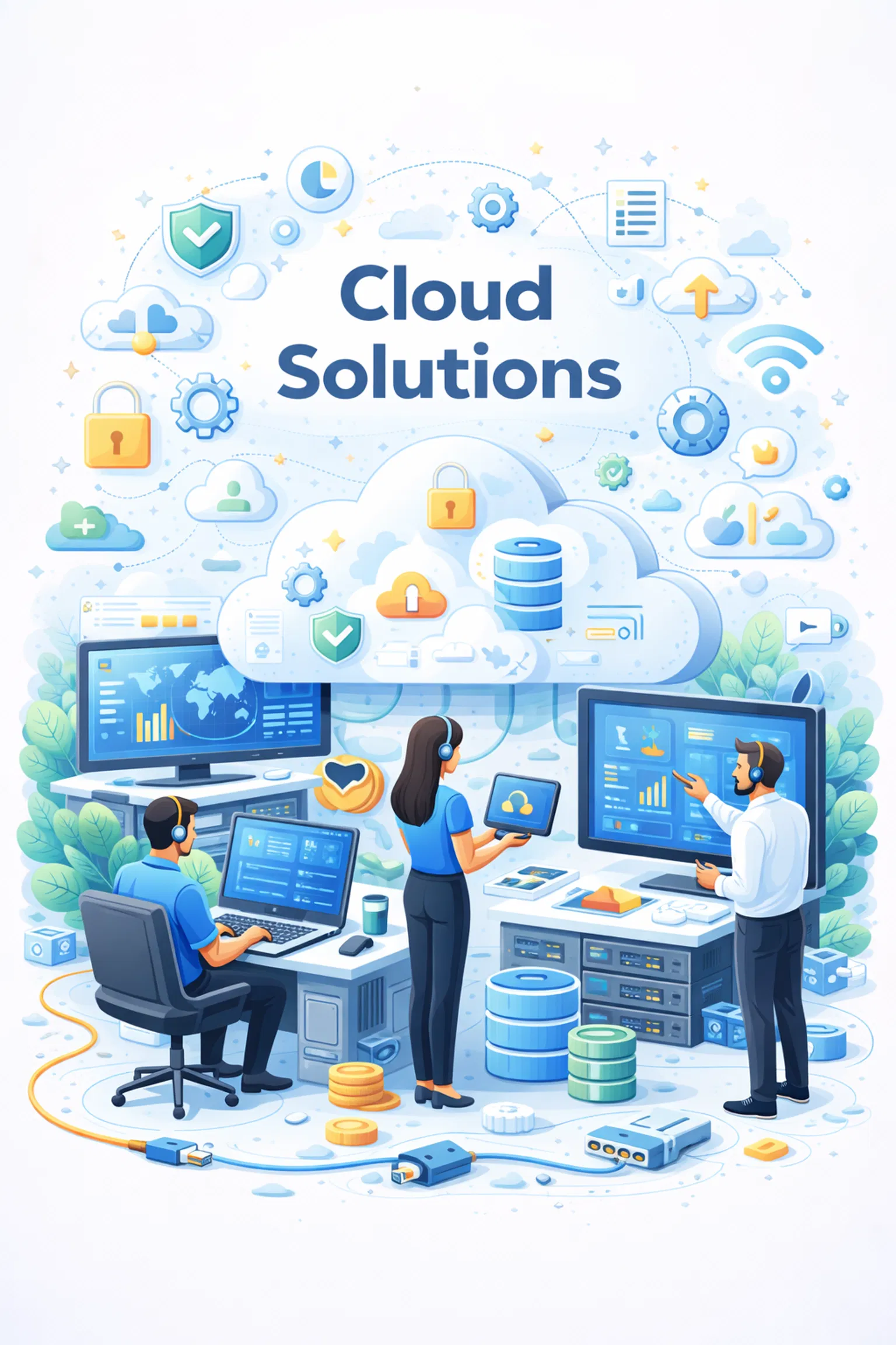 IT professionals monitor and manage cloud infrastructure using multiple screens