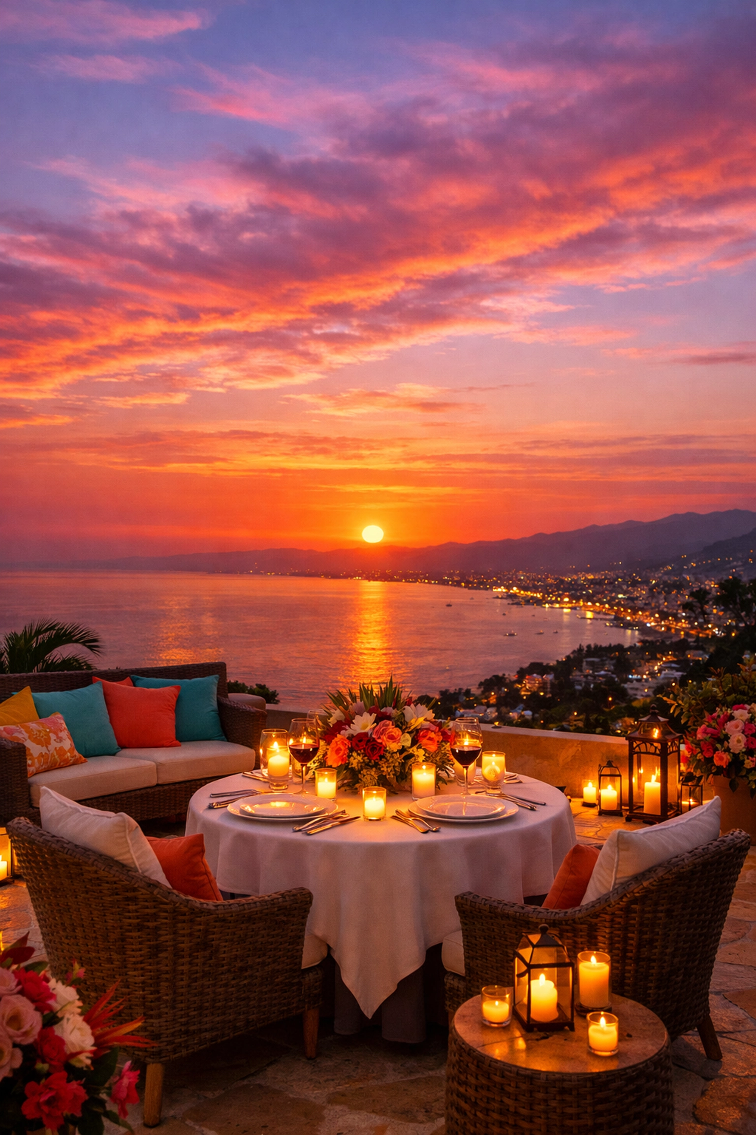 Romantic sunset dining on private villa terrace overlooking Banderas Bay in Amapas