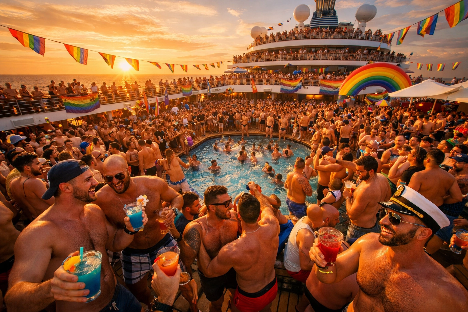 Lively pool deck party on LGBTQ+ cruise ship with dancing and celebration