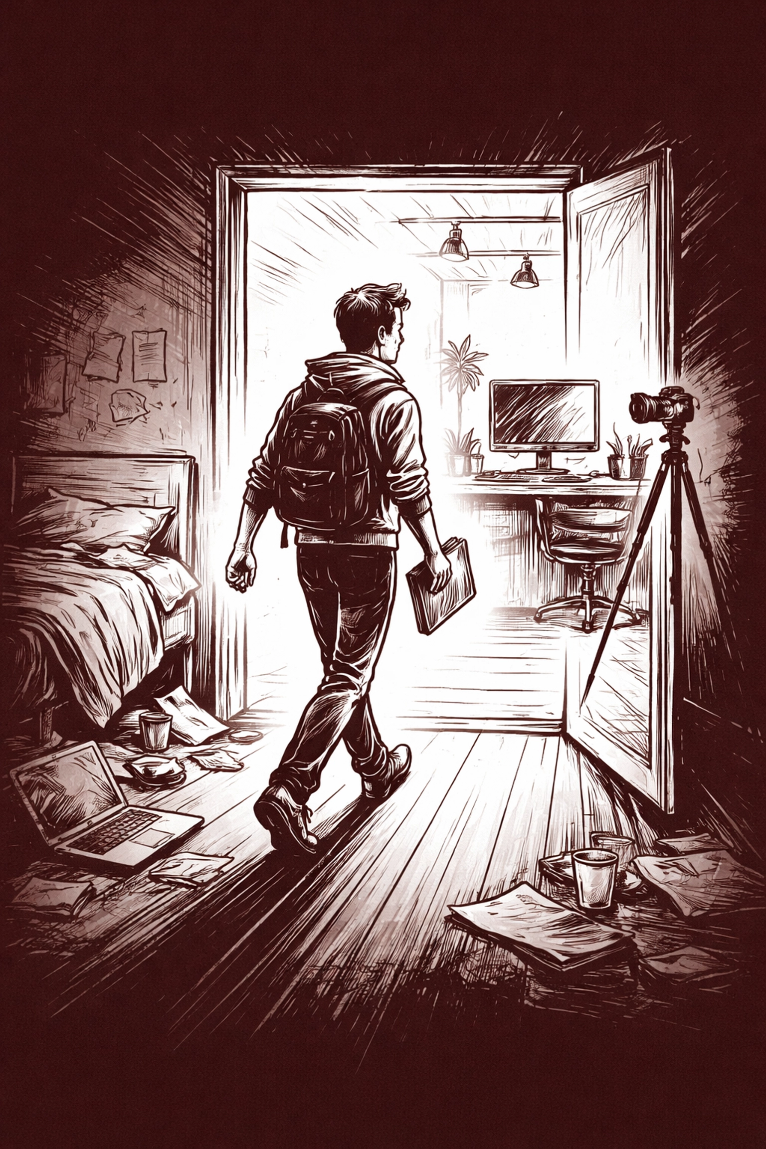 Creator stepping from a messy bedroom into a sleek studio, symbolizing the transition from home workspace to a professional creator ecosystem.