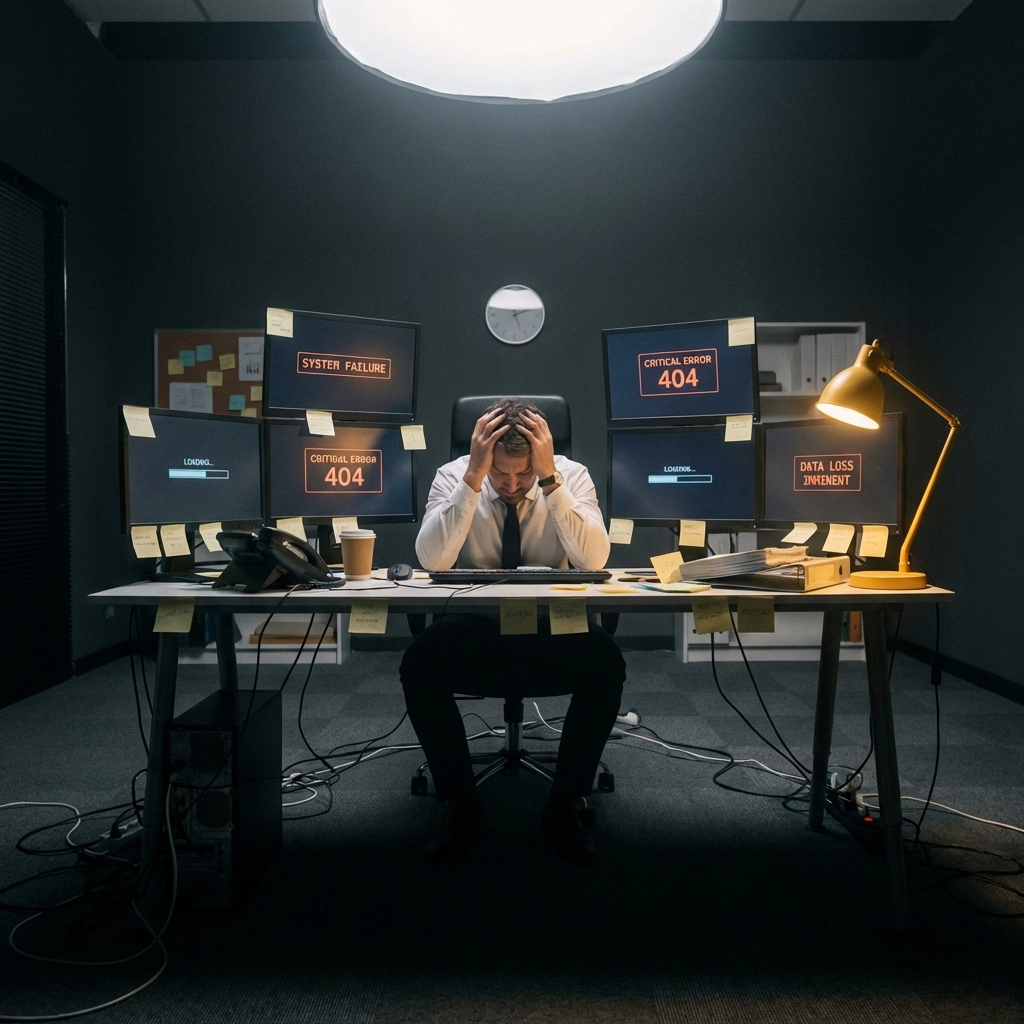 Small business owner overwhelmed by IT issues at cluttered desk highlighting need for IT consultant