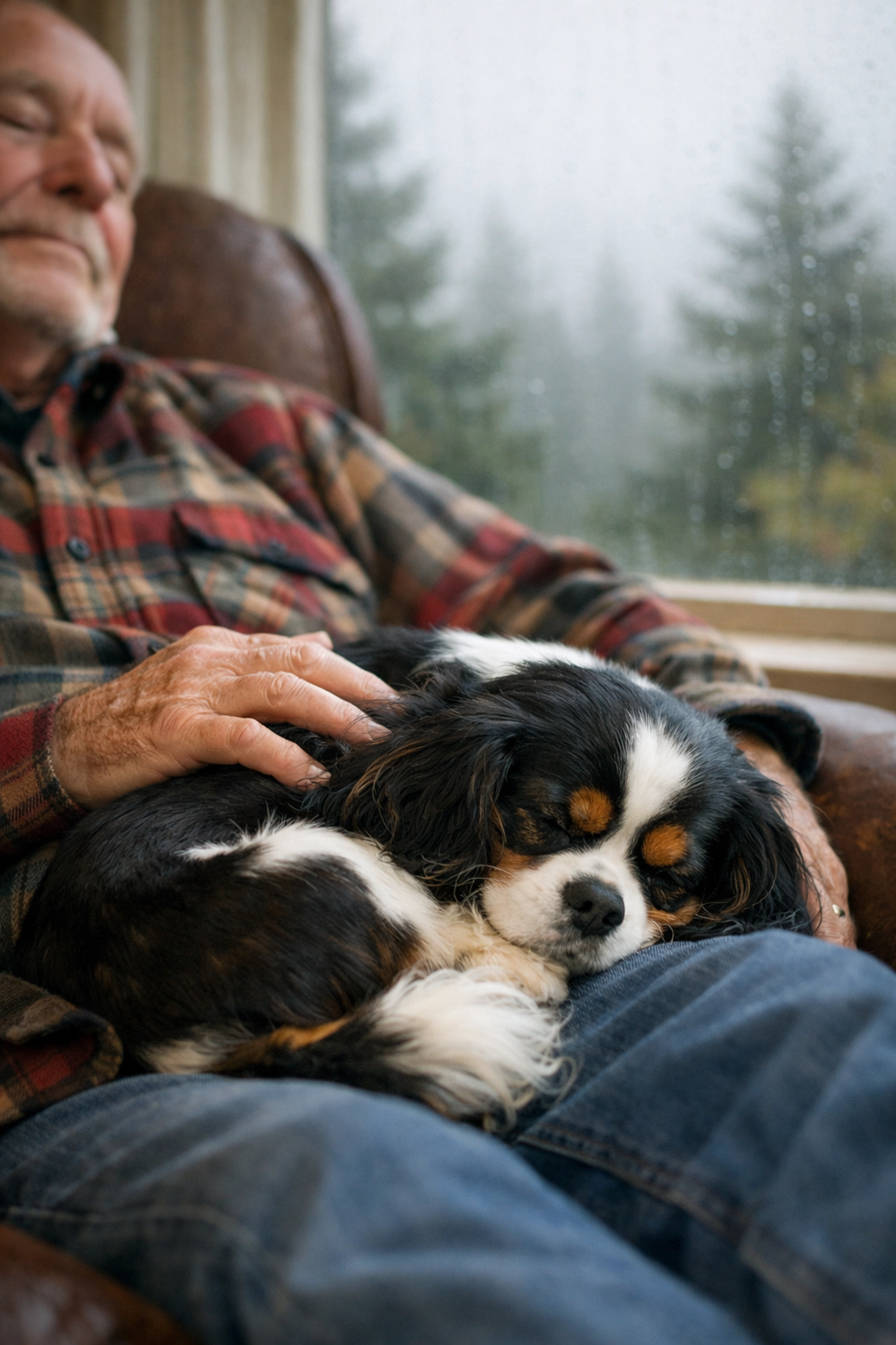 Tri-color Cavalier King Charles Spaniel as an emotional support dog for a senior in the Pacific Northwest.