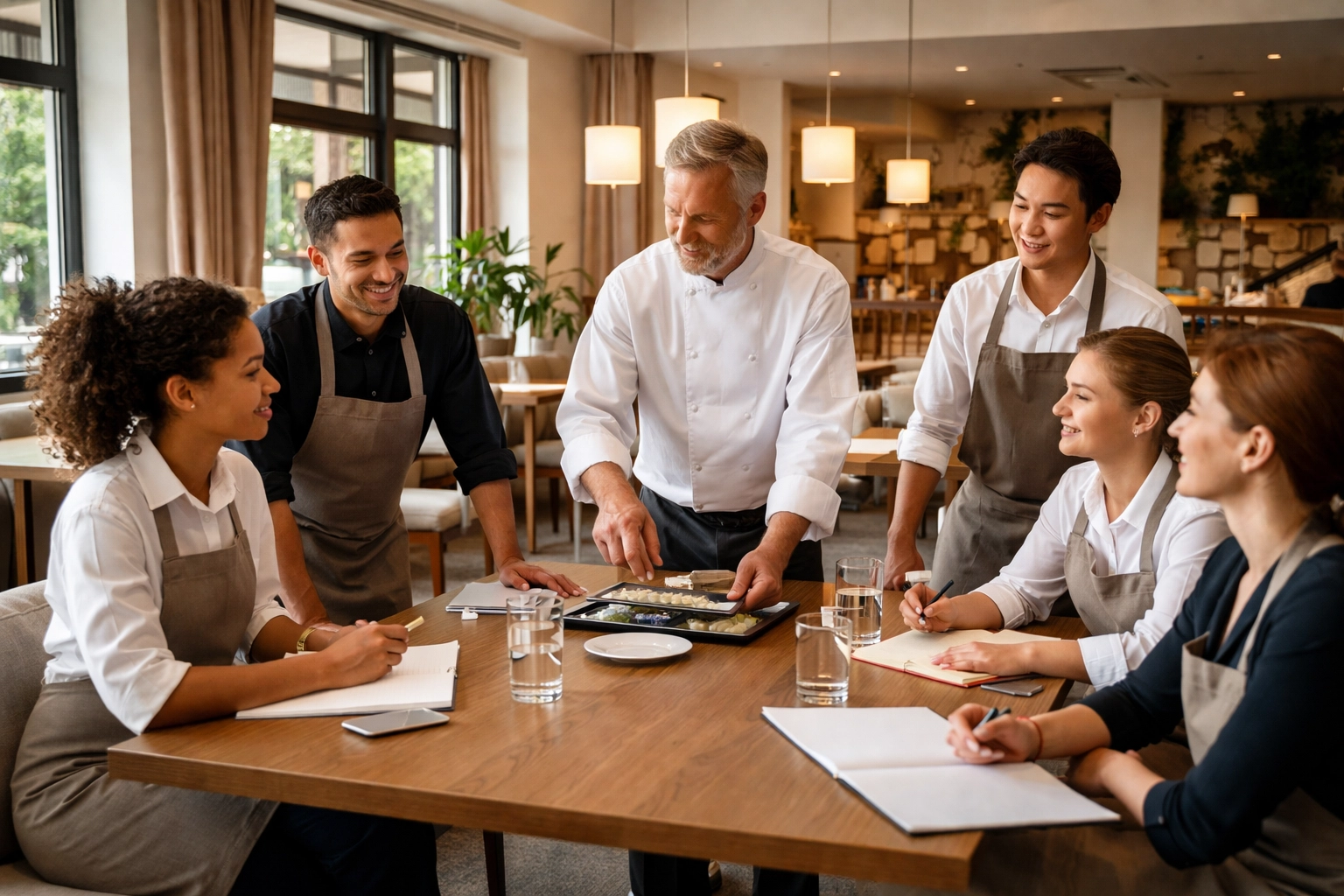 Diverse restaurant staff engaged in training session, showcasing unified team development for restaurant growth.