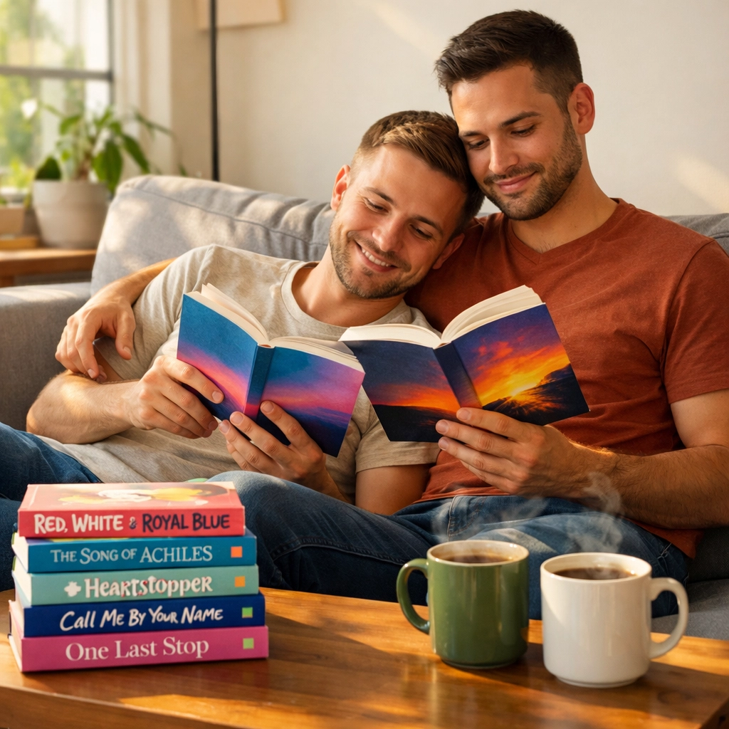 Gay couple relaxing on a sofa while reading MM romance novels and queer fiction from Read with Pride.