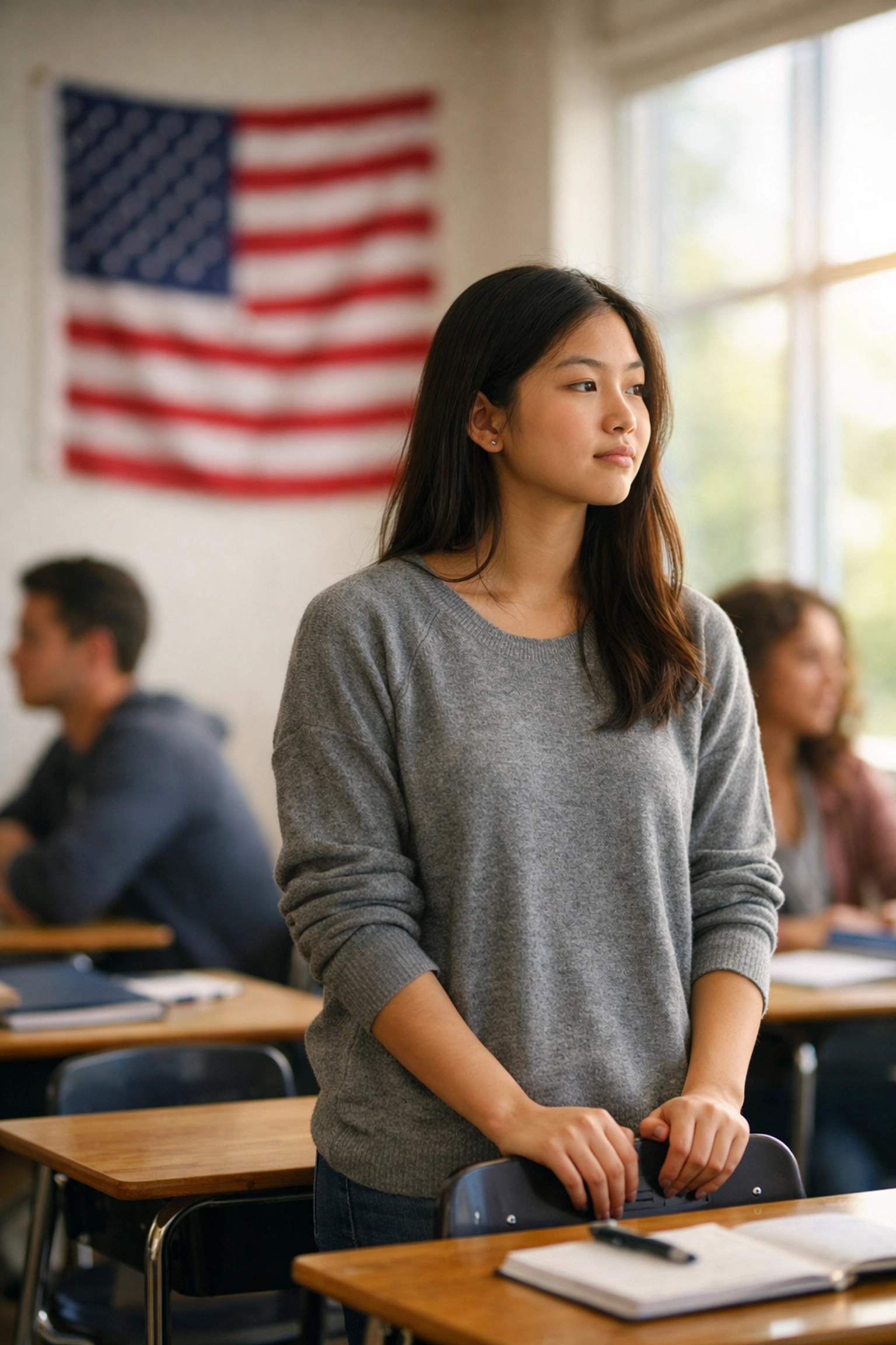 Pledge History Secrets Revealed: What Your History Textbooks Left Out High school student reflecting on civic education and the history of the Pledge of Allegiance in a classroom.