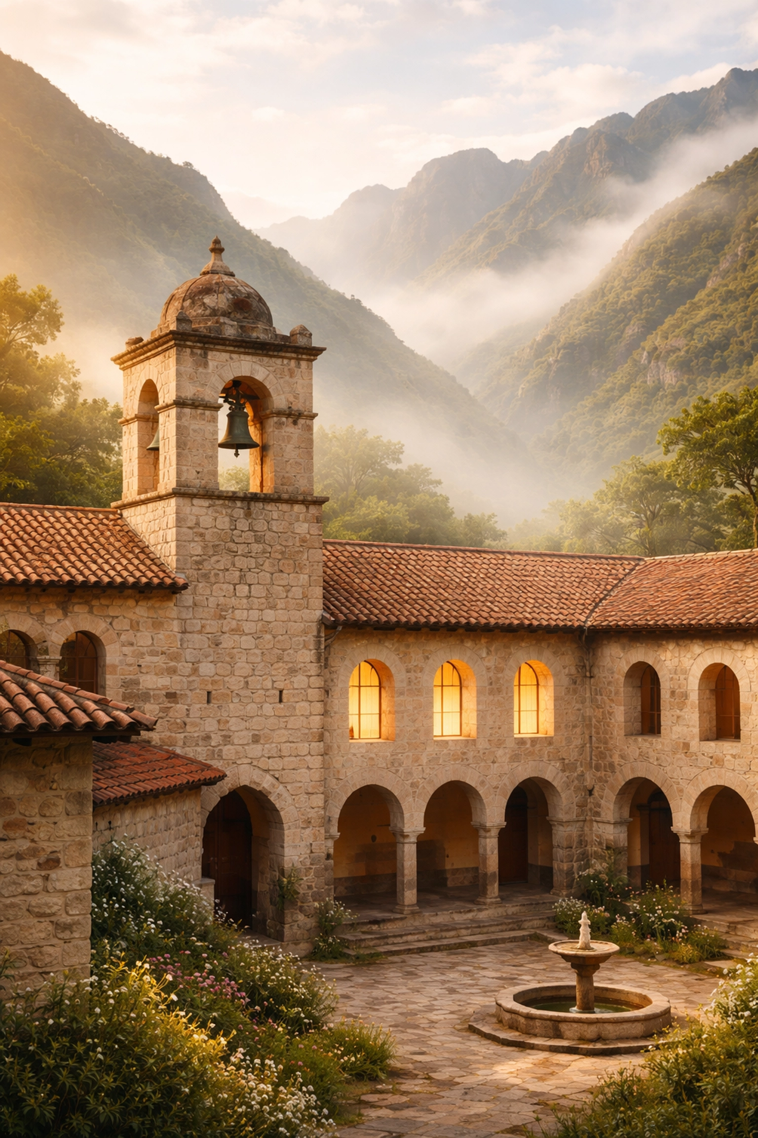 Old stone convent in Peru’s highlands at sunrise, reflecting Catholic imagery in Paddington in Peru