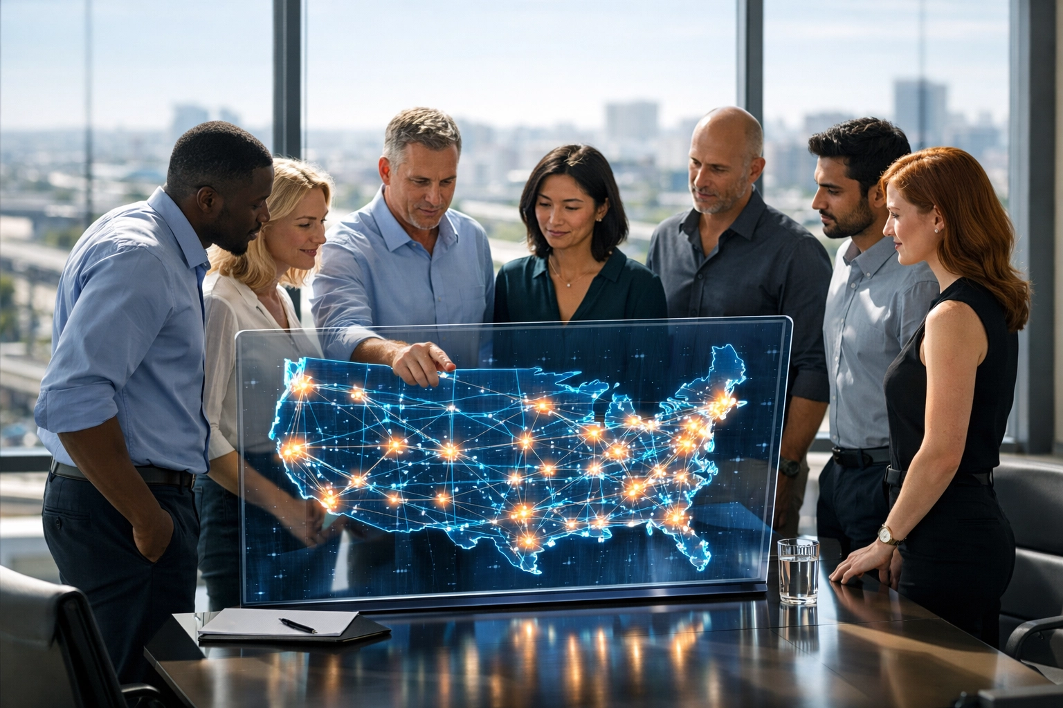 Executives in a modern boardroom analyzing a national workforce logistics map for talent scaling.