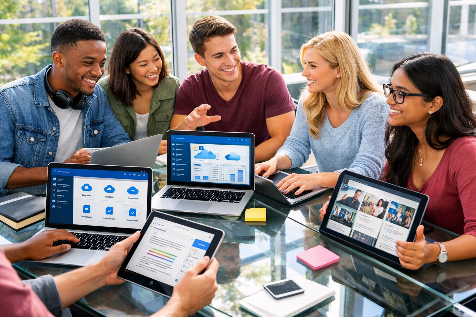 Students collaborating on cloud platforms and digital portfolios in modern learning environment