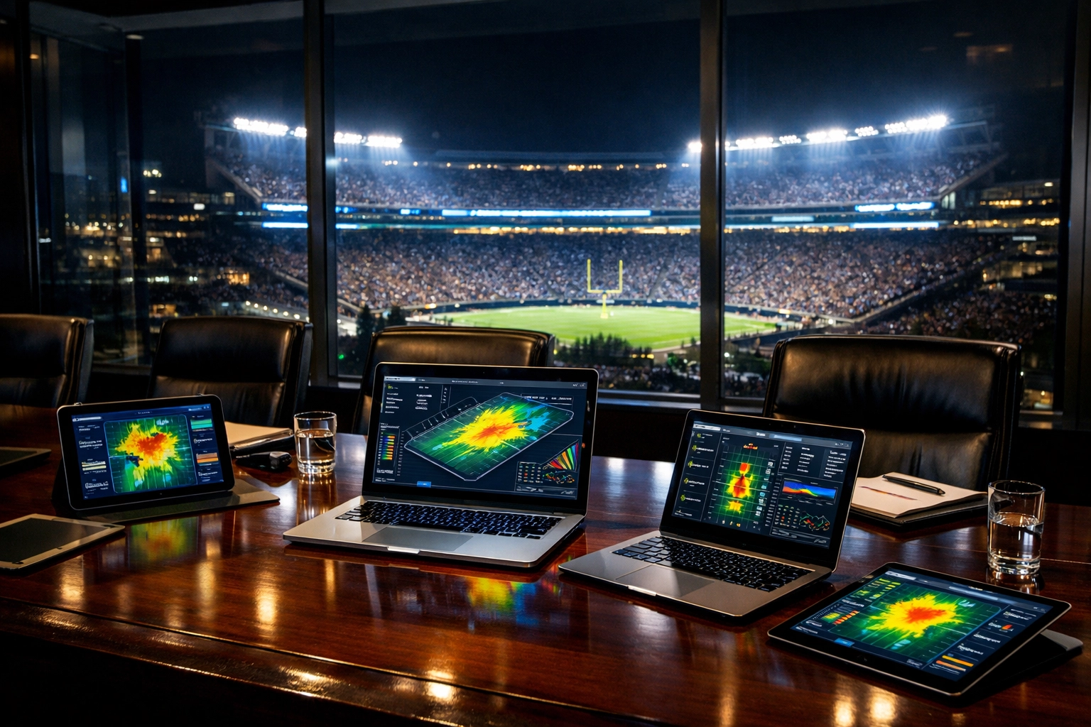 Executive boardroom with sports analytics on tablets, overlooking a football stadium for Super Bowl ROI planning.