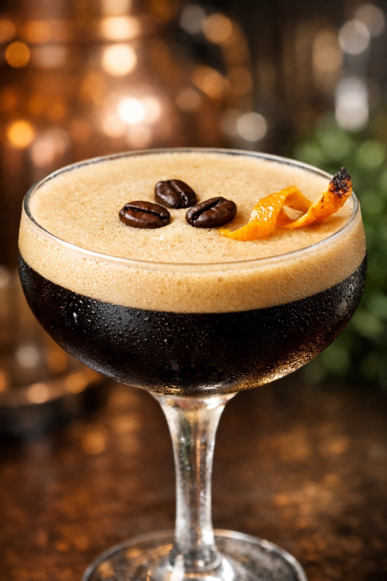Elegant Ginspresso Martini cocktail with velvety foam and coffee beans in a coupe glass.