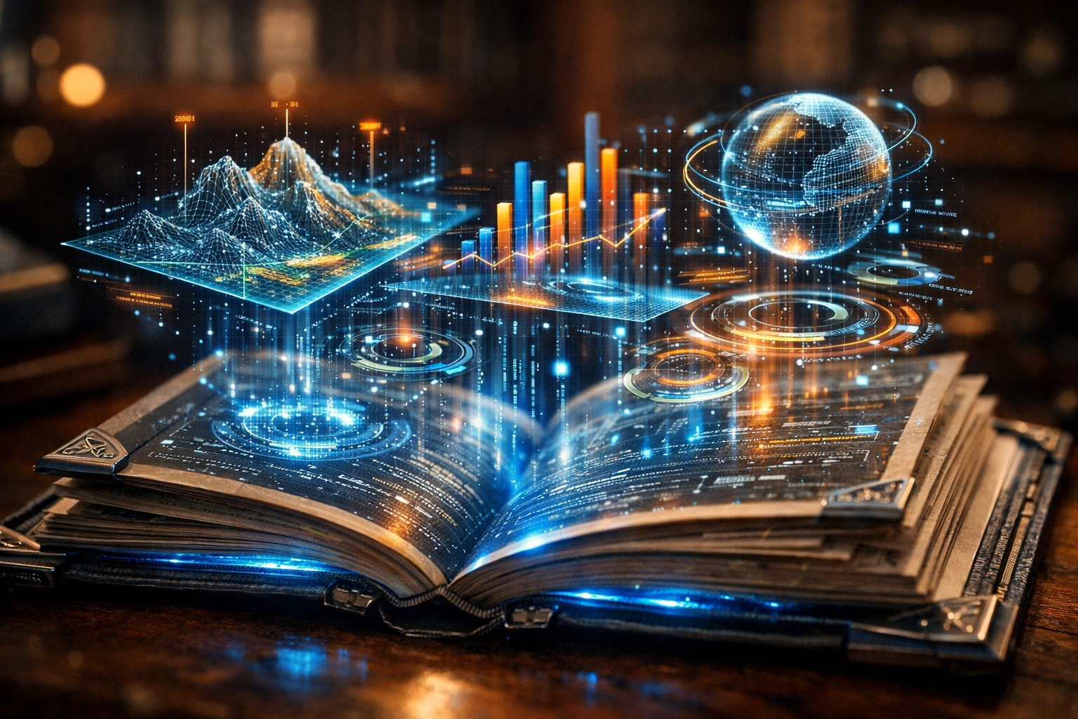 Holographic data charts and maps rising from a digital book to show high-quality pillar content depth.